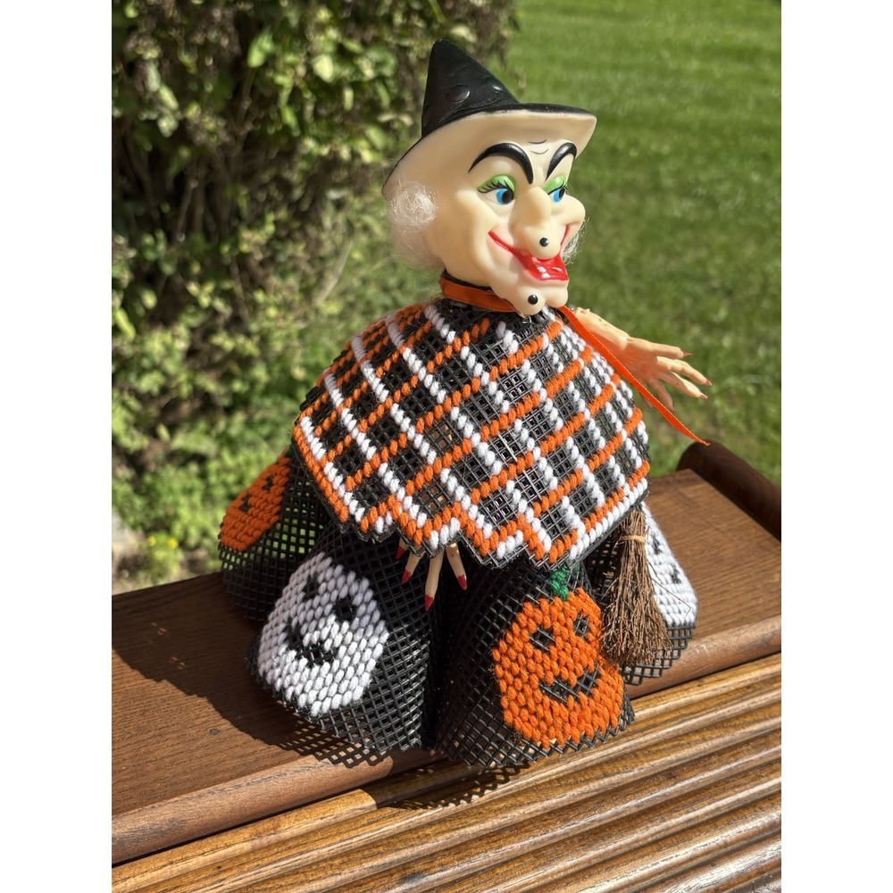 Vintage Halloween Plastic Witch Head Folk Art Doll Figure Spooky Handmade